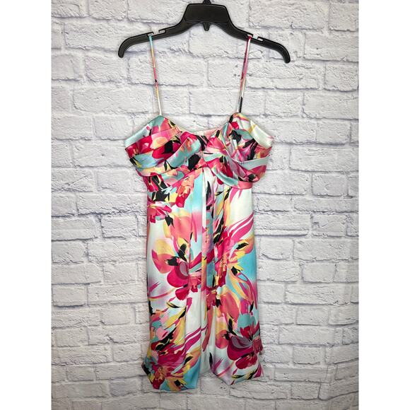 Intrigue Satin-Like Floral Colorful Tropical Adj Strap Short Party Dress SZ 14 - Picture 1 of 8